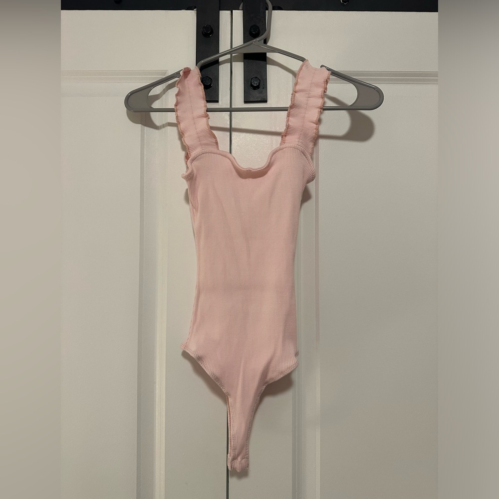 Ribbed Pink Body Suit With Elastic Straps
